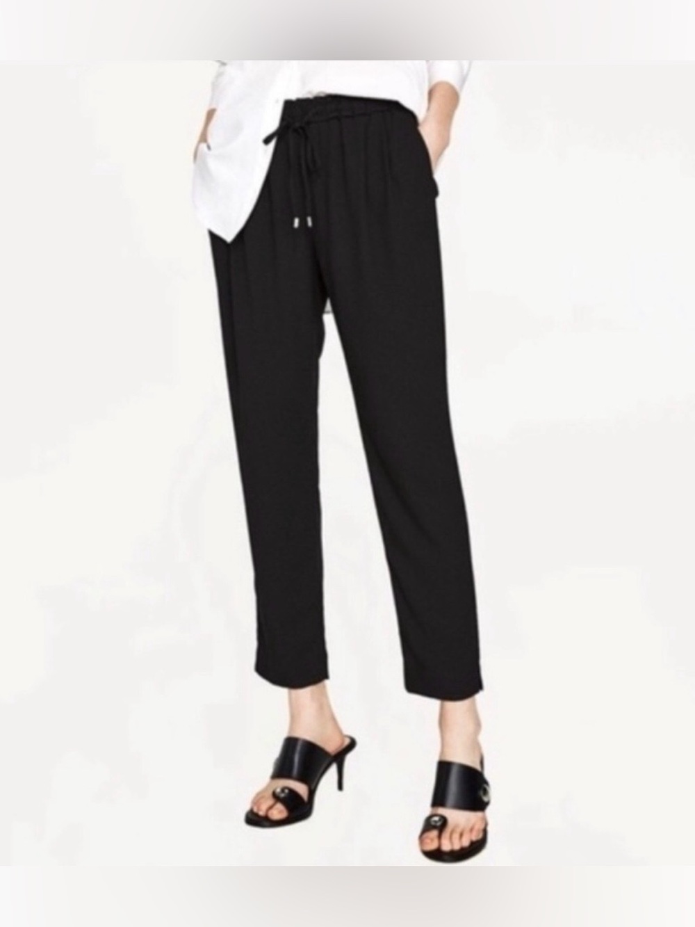Zara Black Cropped Drawstring Waist Tapered Pants